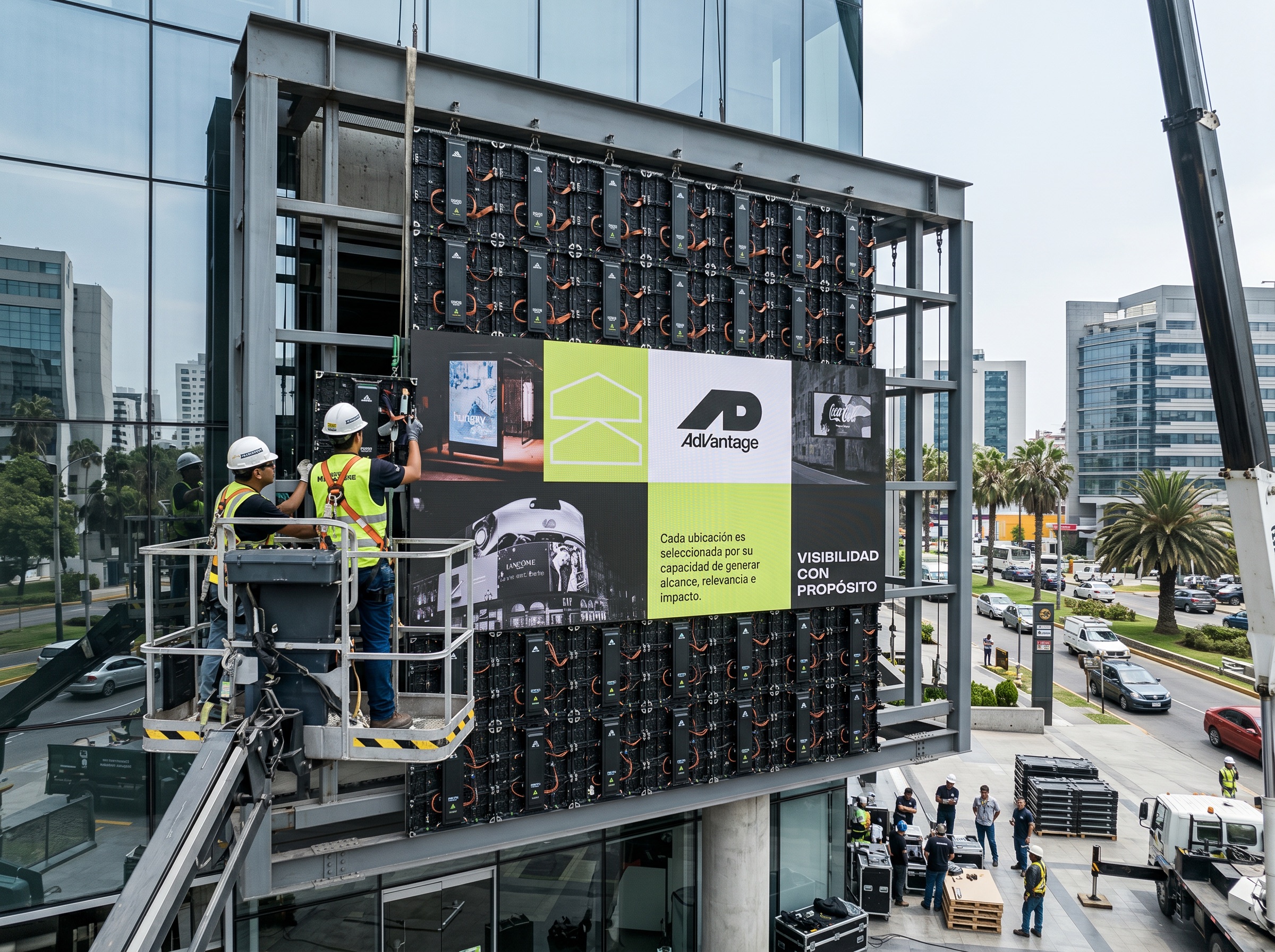 Equipo técnico instalando un muro de video LED a gran escala